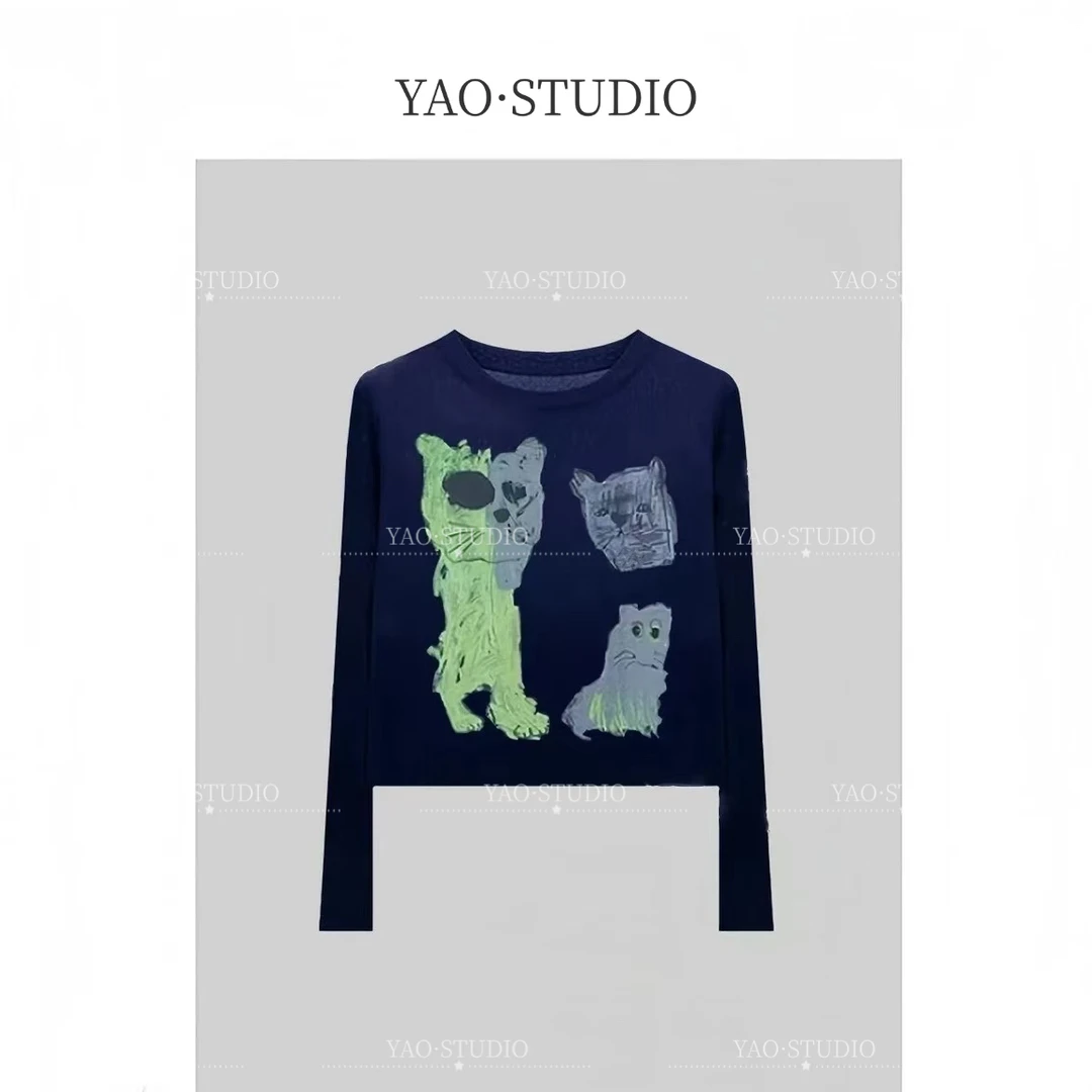 【潦草小猫】2025轻奢新款印花长袖时尚宽松显瘦百搭防晒女潮流T恤