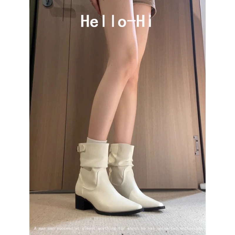 牛皮版~英伦风白色西部靴女皮带扣粗跟尖头气质优雅褶皱短靴秋冬