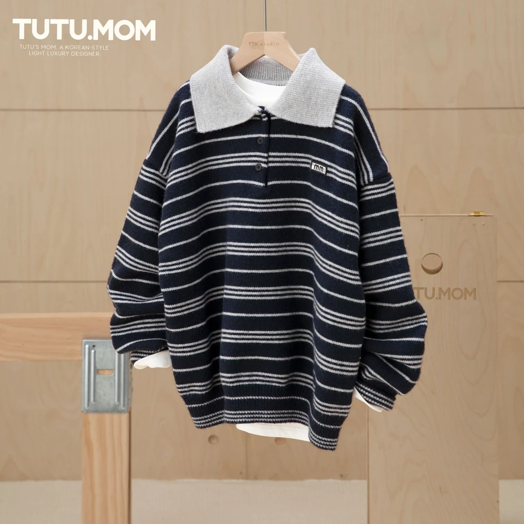 男童条纹轻奢毛衣2025秋冬新款中大童翻领宽松针织衫宝宝洋气上衣