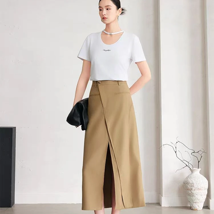 【商场同款】曼德诗纯色半身裙新款高腰气质开叉A字长裙M207309631