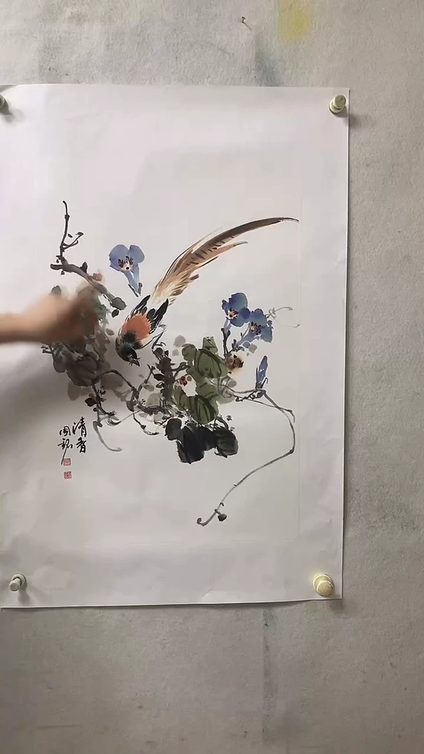 国画刘国铭手绘《绶带牵牛》