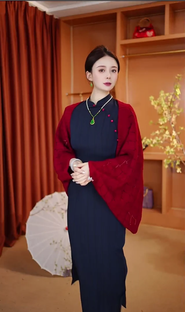 旗袍外搭披肩短款长袖针织外衫薄款显瘦