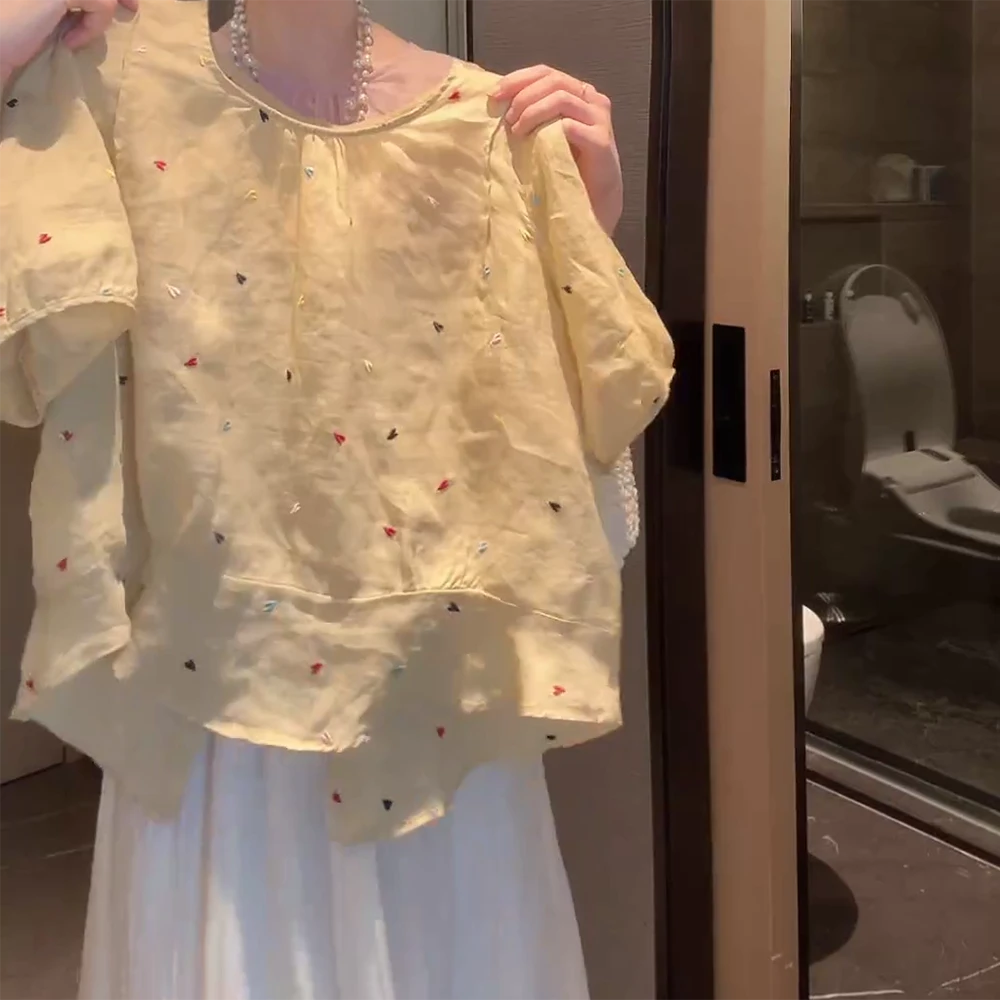 夏季新款重工爱心单排扣设计短袖衬衣开衫女甜美法式衬衣