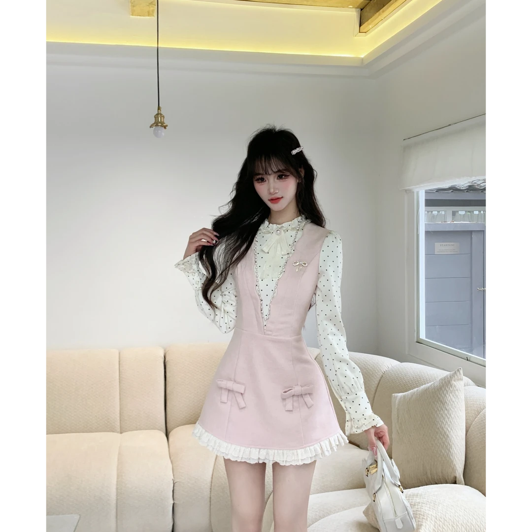 【蹦蹦】大码女装法式千金风假两件波点拼粉色呢子连衣裙