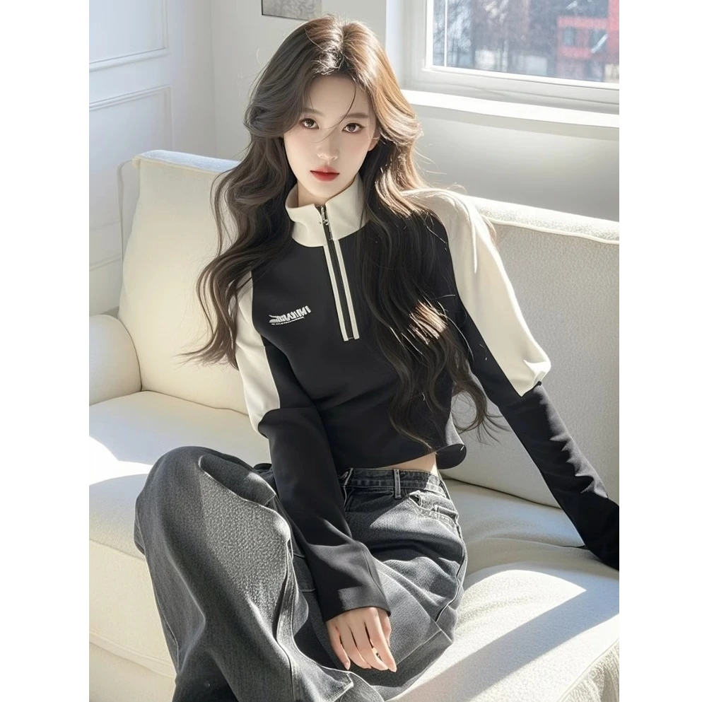 美式独特超好看撞色字母立领卫衣女春秋设计感小众半拉链短款上衣