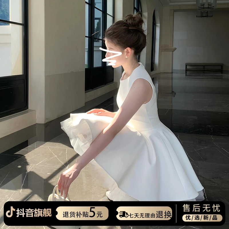 夏季2025新款法式气质白色无袖连衣裙子女蕾丝边收腰蓬蓬裙公主裙