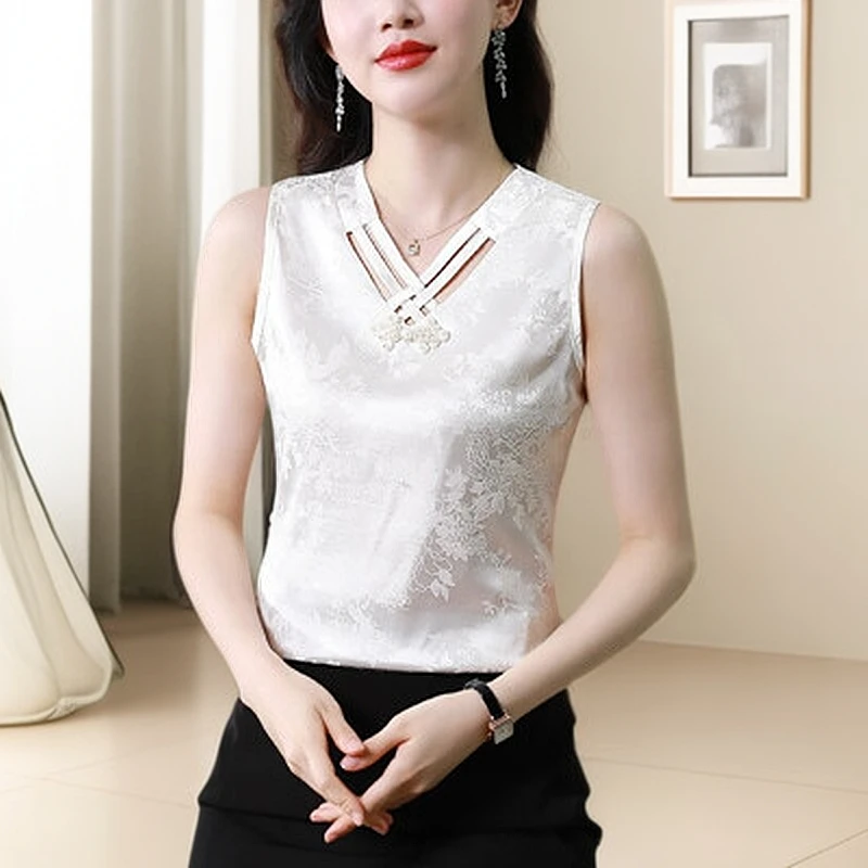 新中式国风女外穿夏大码显瘦缎面蕾丝提花打底衫无袖v领内搭上衣