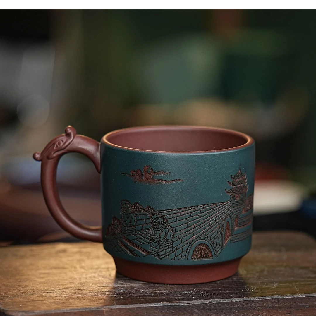 【2699万里长城杯】宜兴原矿紫砂手工刻绘万里江山主人杯 把杯