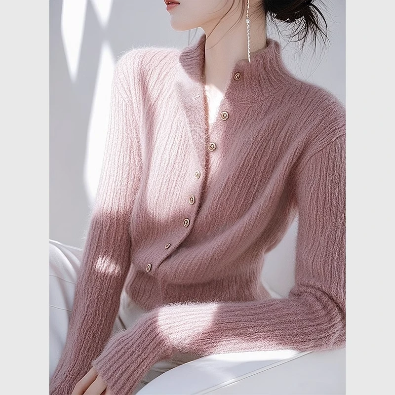 3890粉色立领毛衣外套女冬季胖mm收腰软糯减龄好看短款针织衫上衣