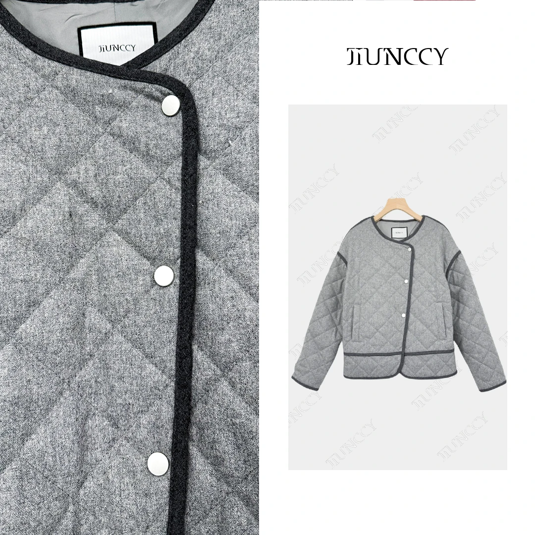 JIUNCCY【晴格】早春撞色包边菱格压线填充全羊毛斜门襟外套42WT119