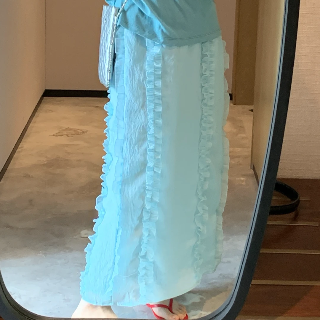 松紧带中腰H型半身长裙荷叶边半身裙薄款百搭中长裙高腰