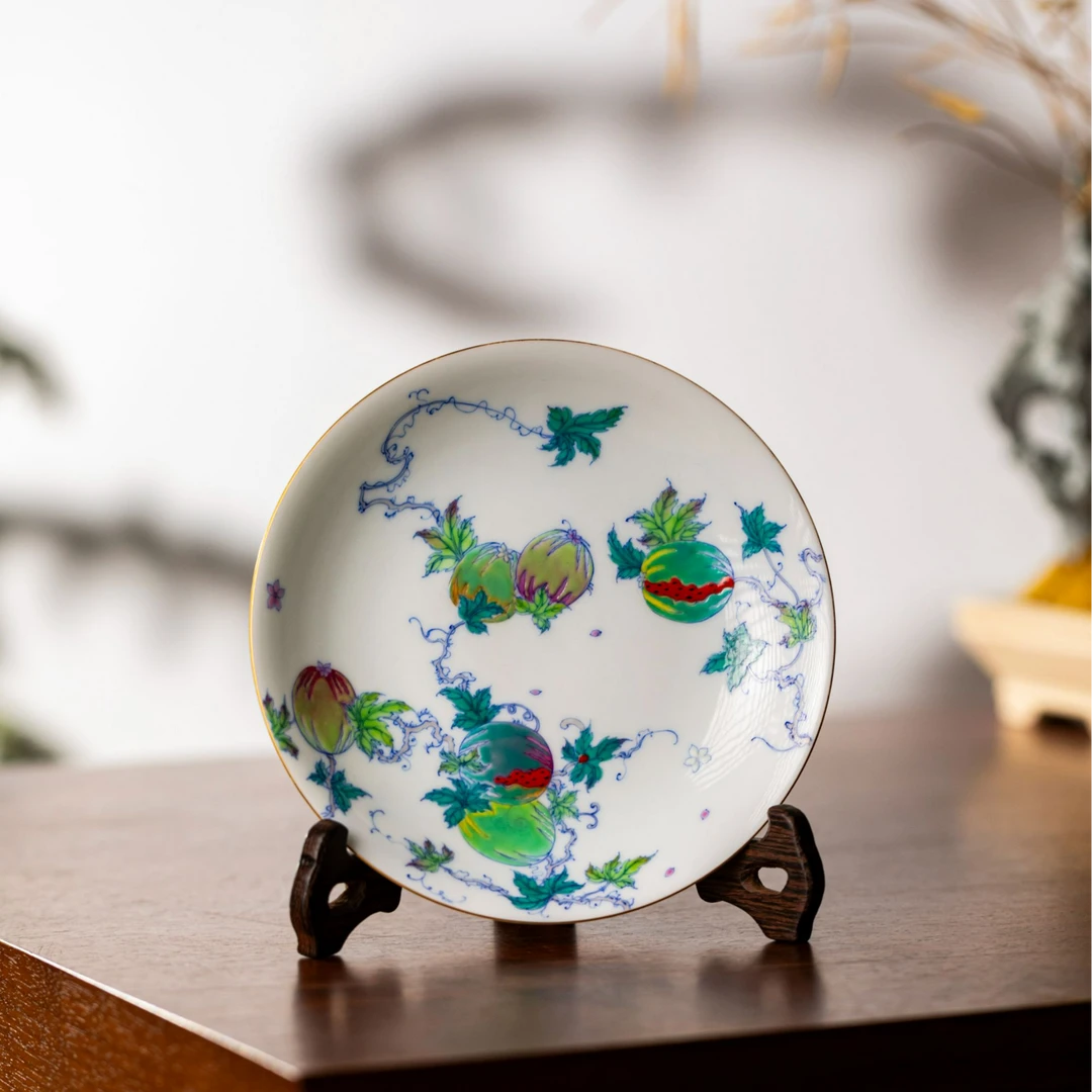 松如堂斗彩西瓜壶承