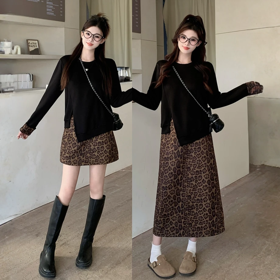 2025秋季新款胖mm大码女时尚闺蜜装不规则上衣麂皮豹纹长短裙套装