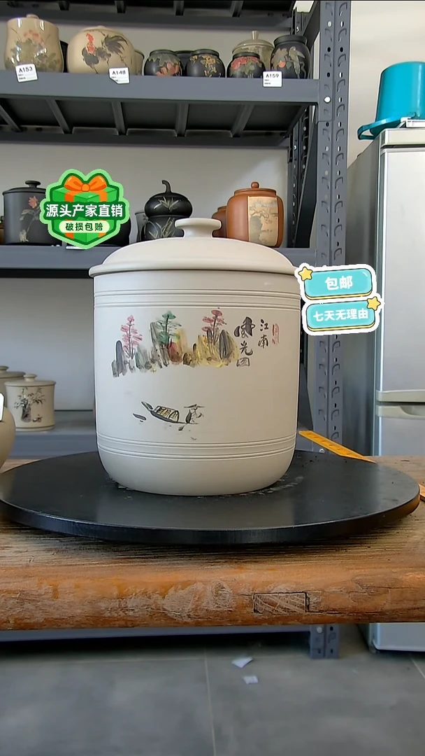 建水紫陶白泥彩绘精品茶罐A170