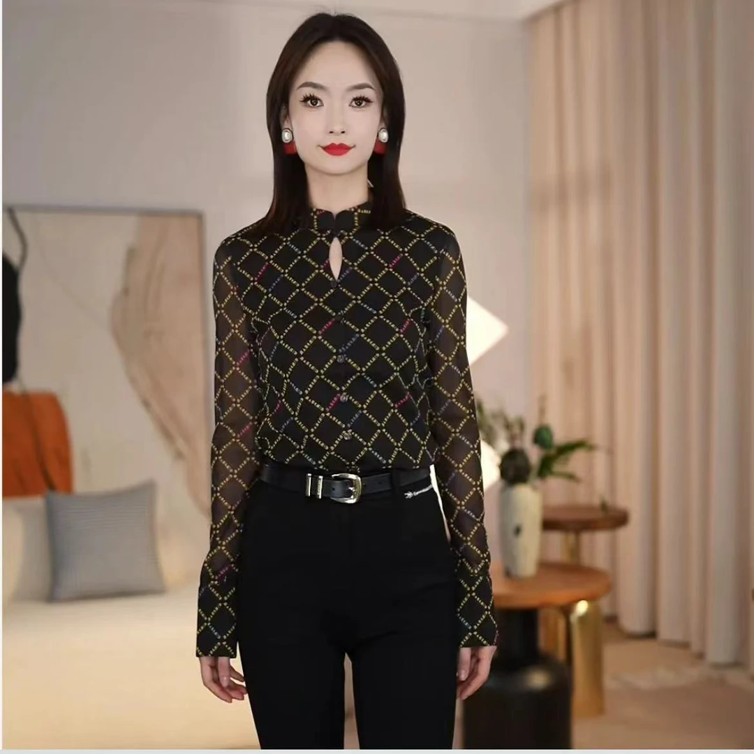 哥弟新中式旗袍领修身弹力衬衫长袖时尚1301057外搭通勤黑色