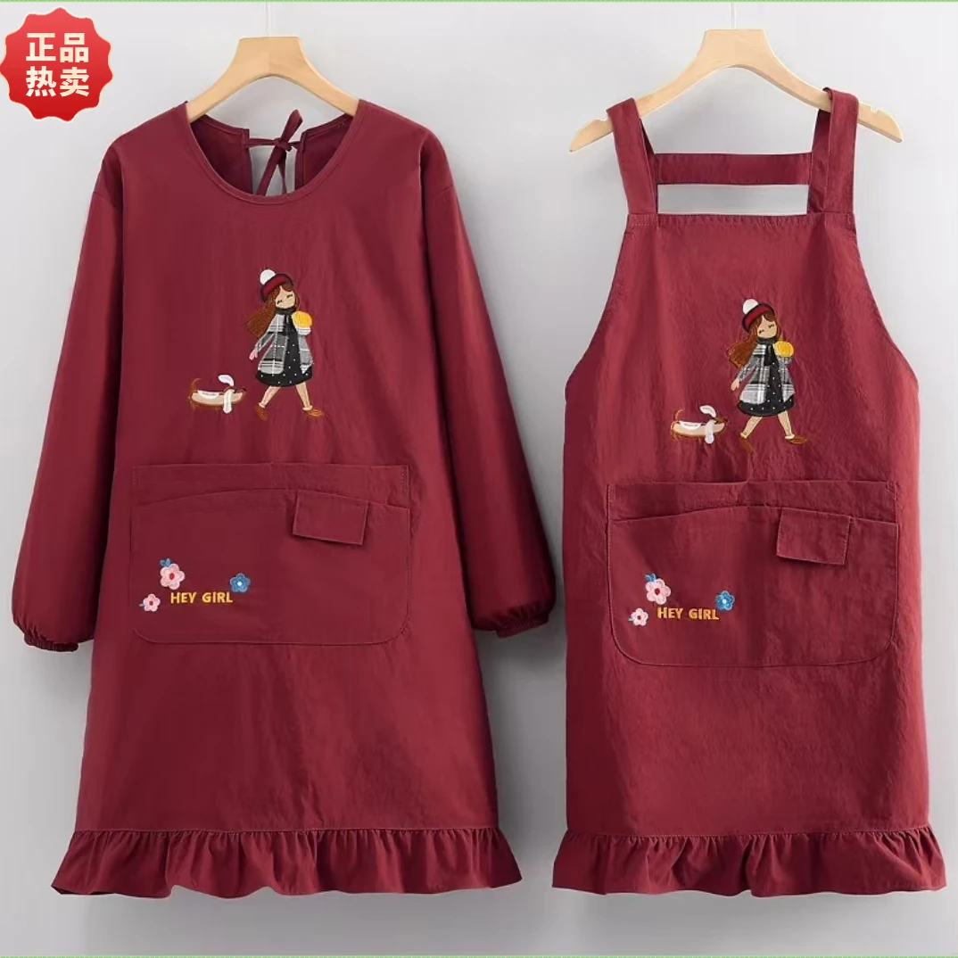 新款时尚刺绣围裙长袖罩衣厨房餐饮防油污耐脏工厂工作服上班女