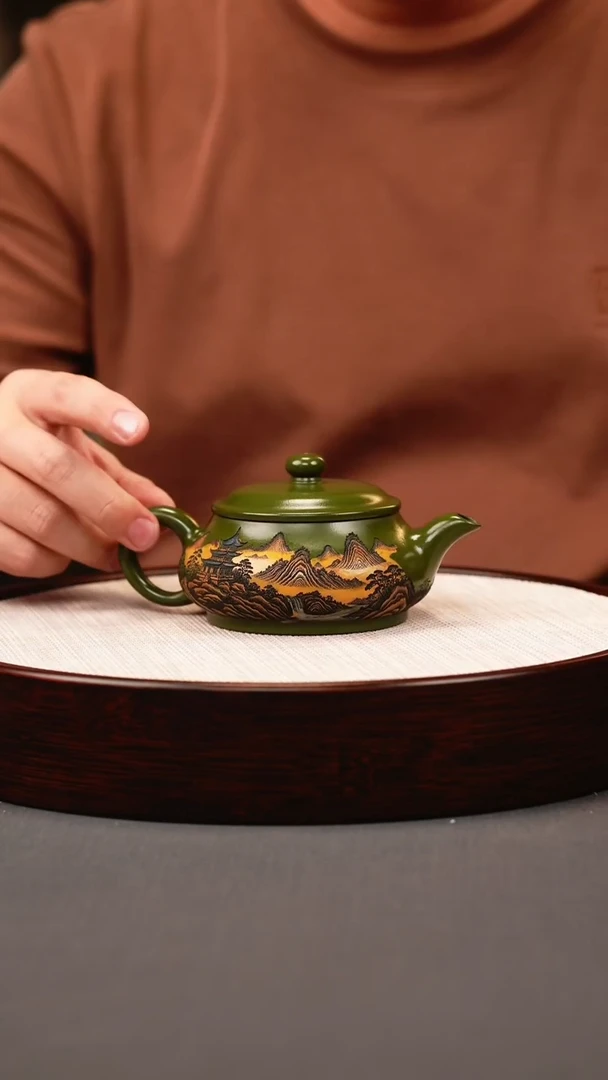 茶壶紫砂绿泥 明炉 彩刻山水