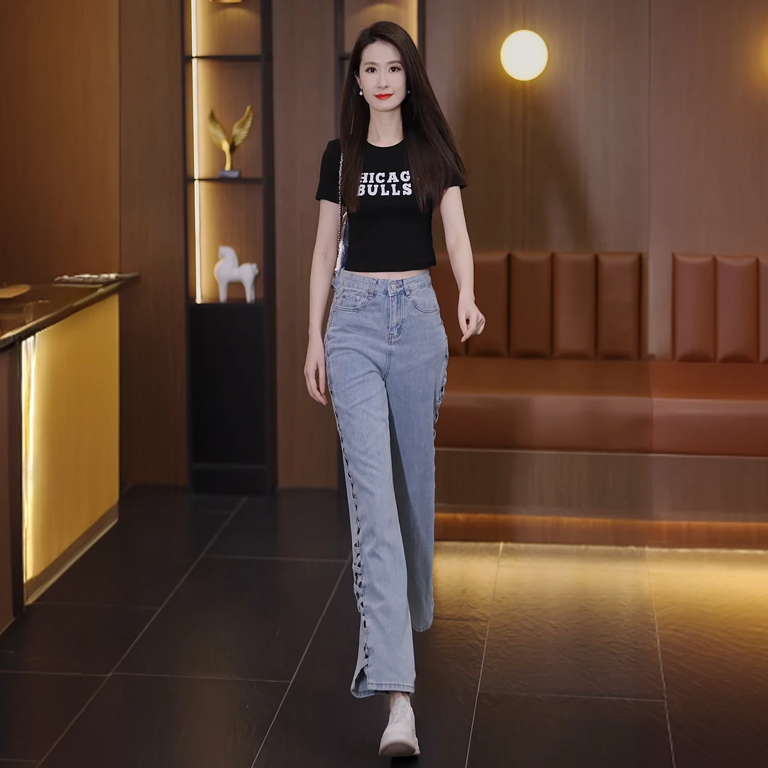 时尚镂空修身牛仔长裤辣妹阔腿直筒高腰浅蓝性感凉凉薄款春夏季女