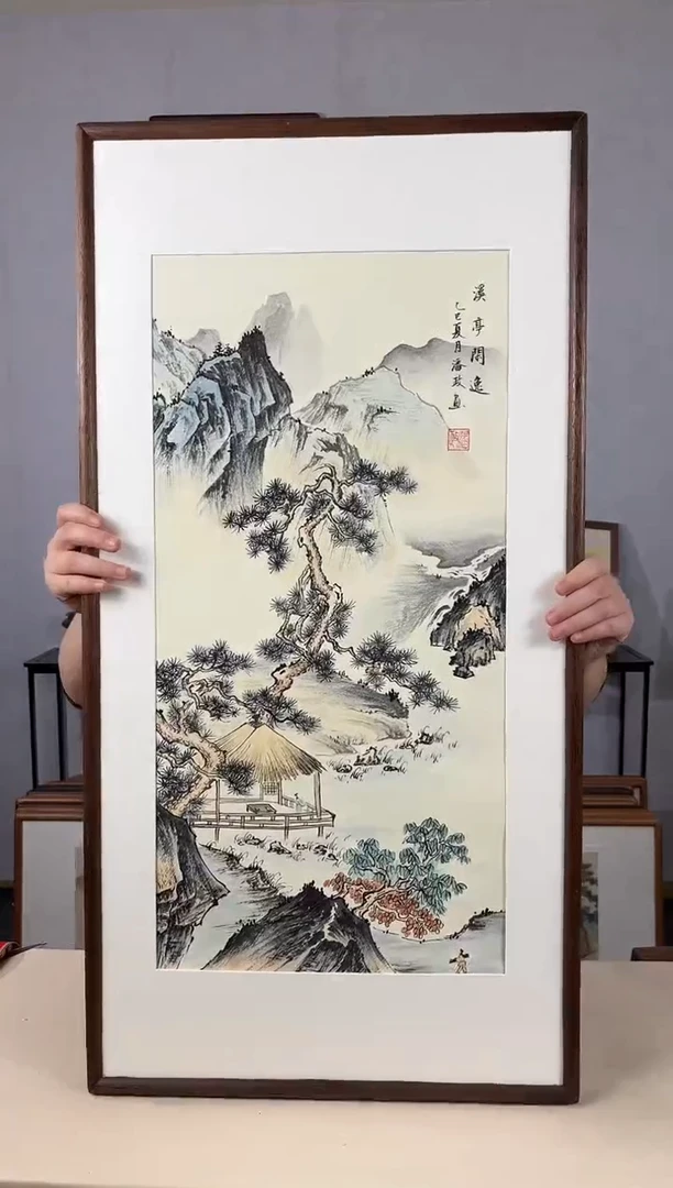 国画手绘*溪亭闲逸*47*92cm带框发货