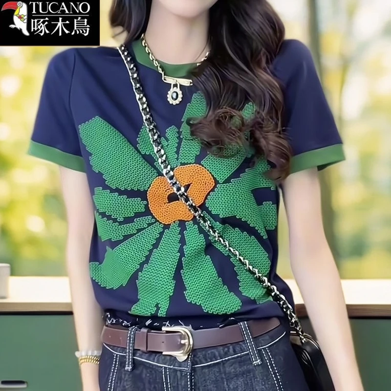 啄木鸟气质印花拼色圆领上衣2025年新款女士夏装短袖时尚小众T恤