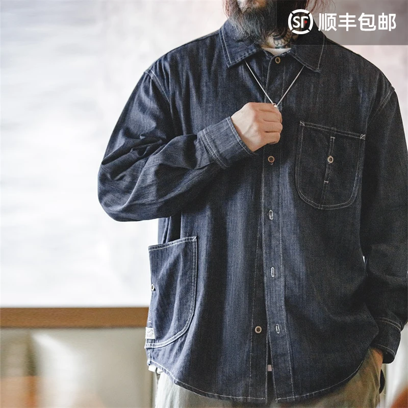 马登工装美式复古水洗丹宁牛仔衬衫大口袋长袖辑明线宽松寸衣男春