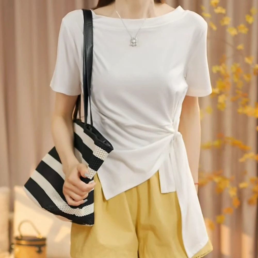 2025夏季新款修身显瘦气质减龄不规则设计绑带短袖T恤上衣女