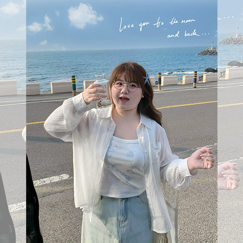 辣条大码女装 后背绑带蝴蝶结 百搭薄款防晒衬衫背心套装女