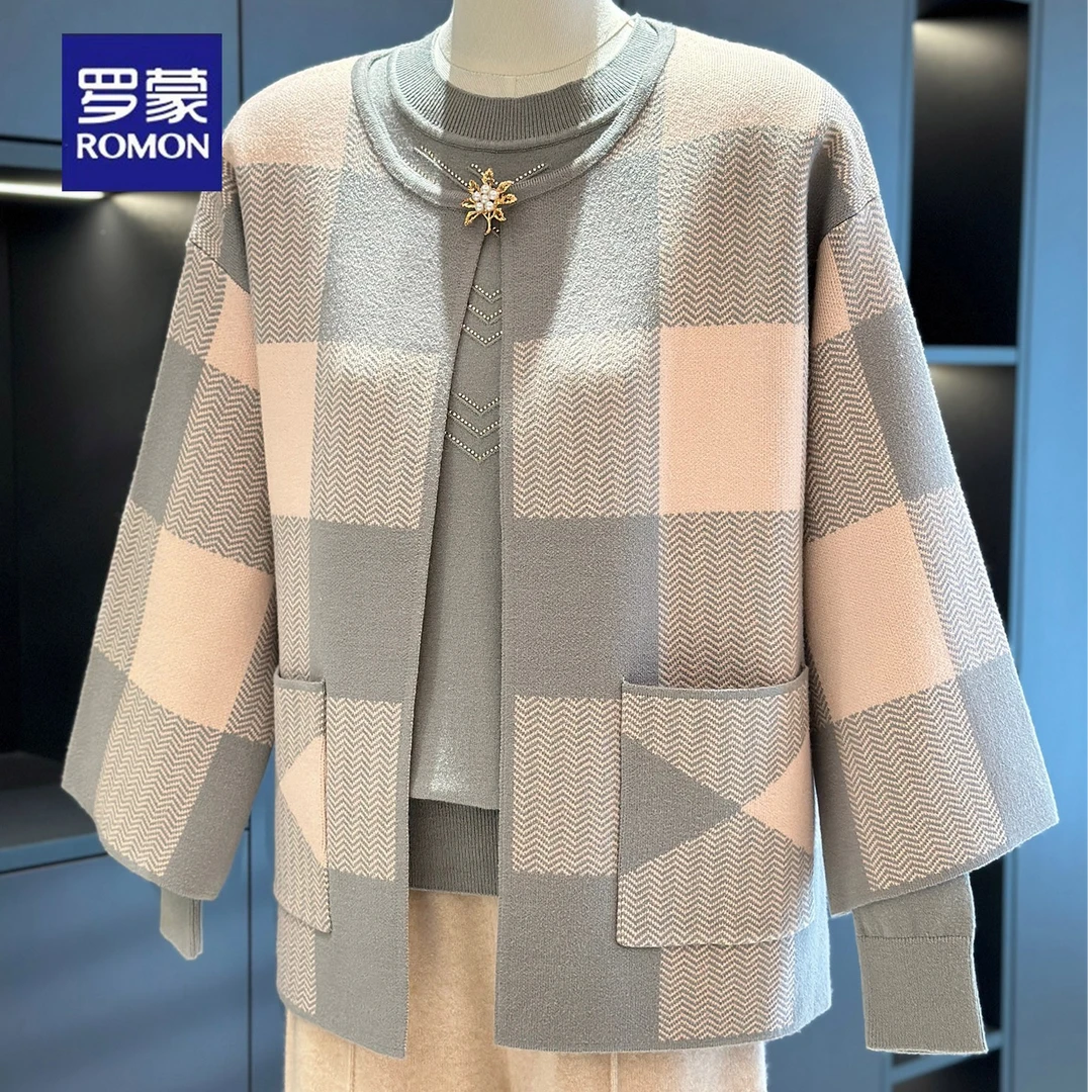 罗蒙中老年女装针织两件套2025春秋新款上衣洋气妈妈装毛衣两件套