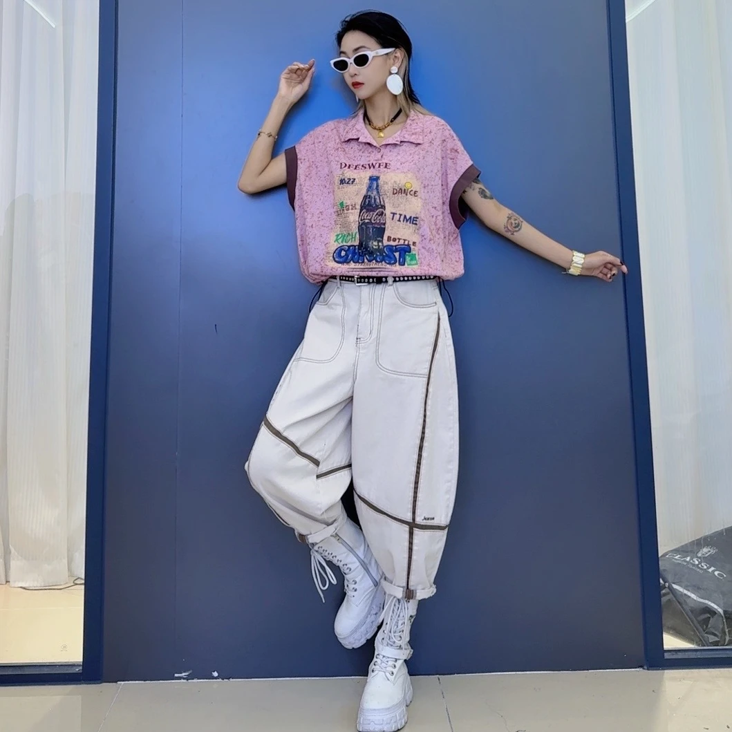 夏款减龄印花百搭韩版休闲上衣-拼接休闲时尚运动宽松哈伦牛仔裤