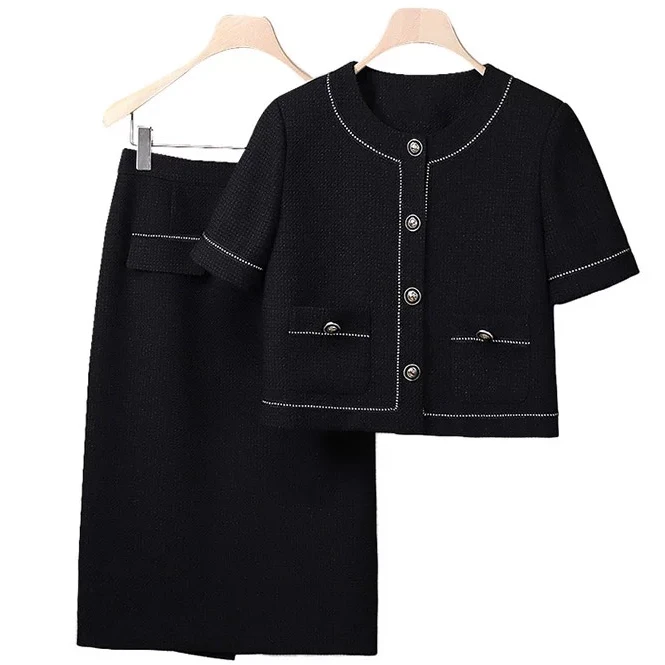 名媛夏装新款短袖大码女装香风黑色裙套装减龄夏季上衣时尚两件套