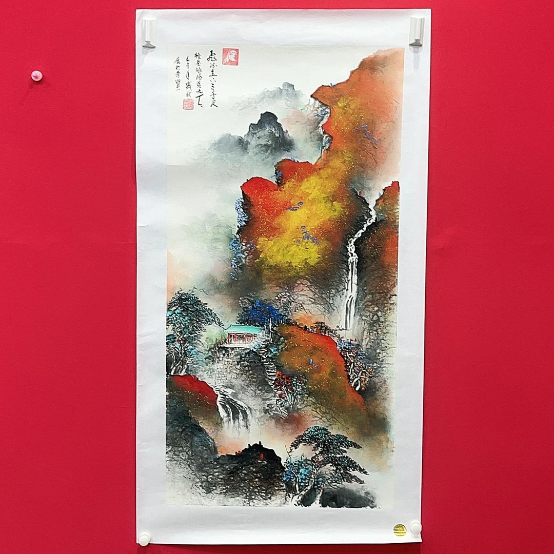 熊盛武手绘宣纸四尺竖幅飞流直下三千尺山水画