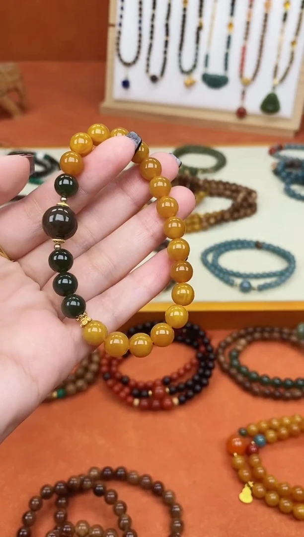 手链蜜蜡未镶嵌单圈蜜蜡和田菠菜绿且末糖手串