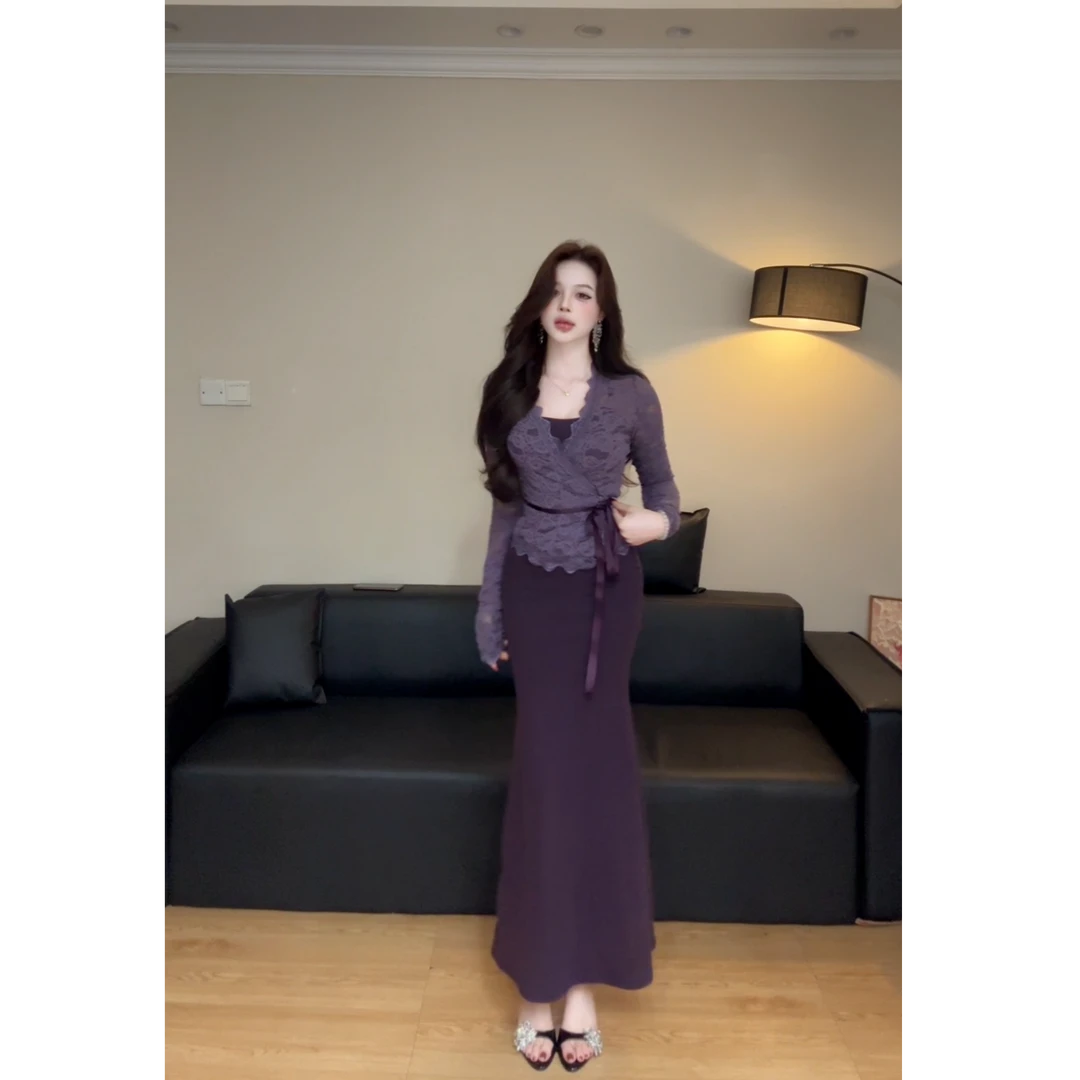 风韵犹存/秋冬版双面磨毛S型曲线包臀开衫鱼尾长裙