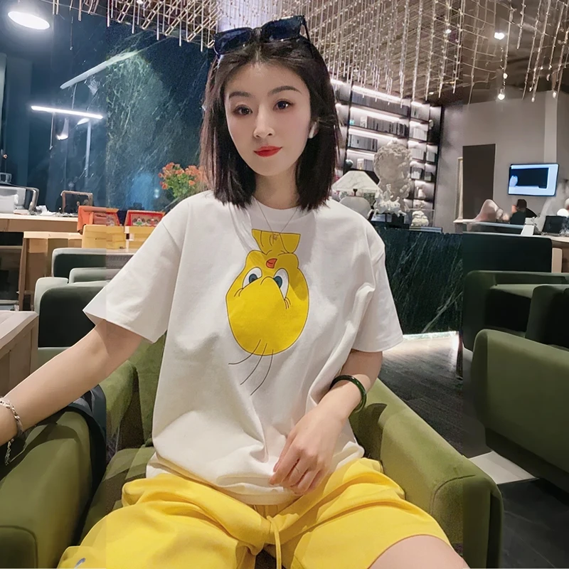 小黄鸭-260k重磅精梳棉印花短袖男情侣白恤体恤潮流宽松圆领