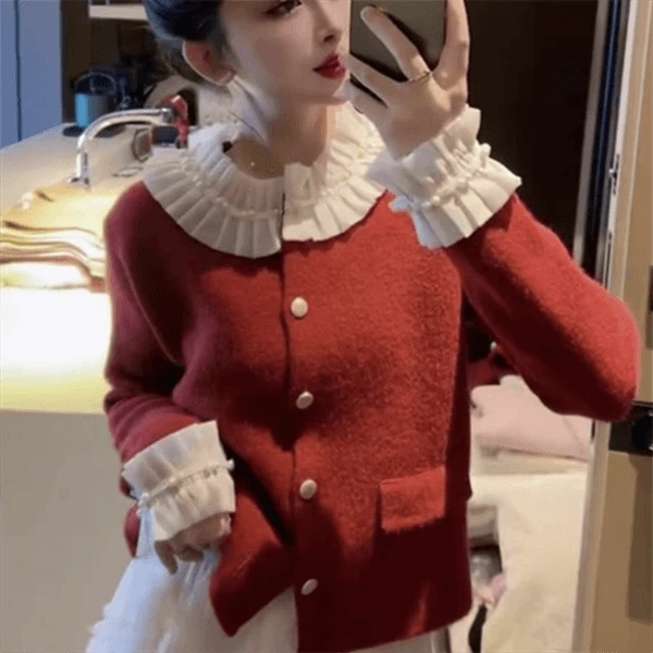 【巴韩】玲姐137韩系氛围感法复古小香风拼接木耳花边开衫长袖毛衣