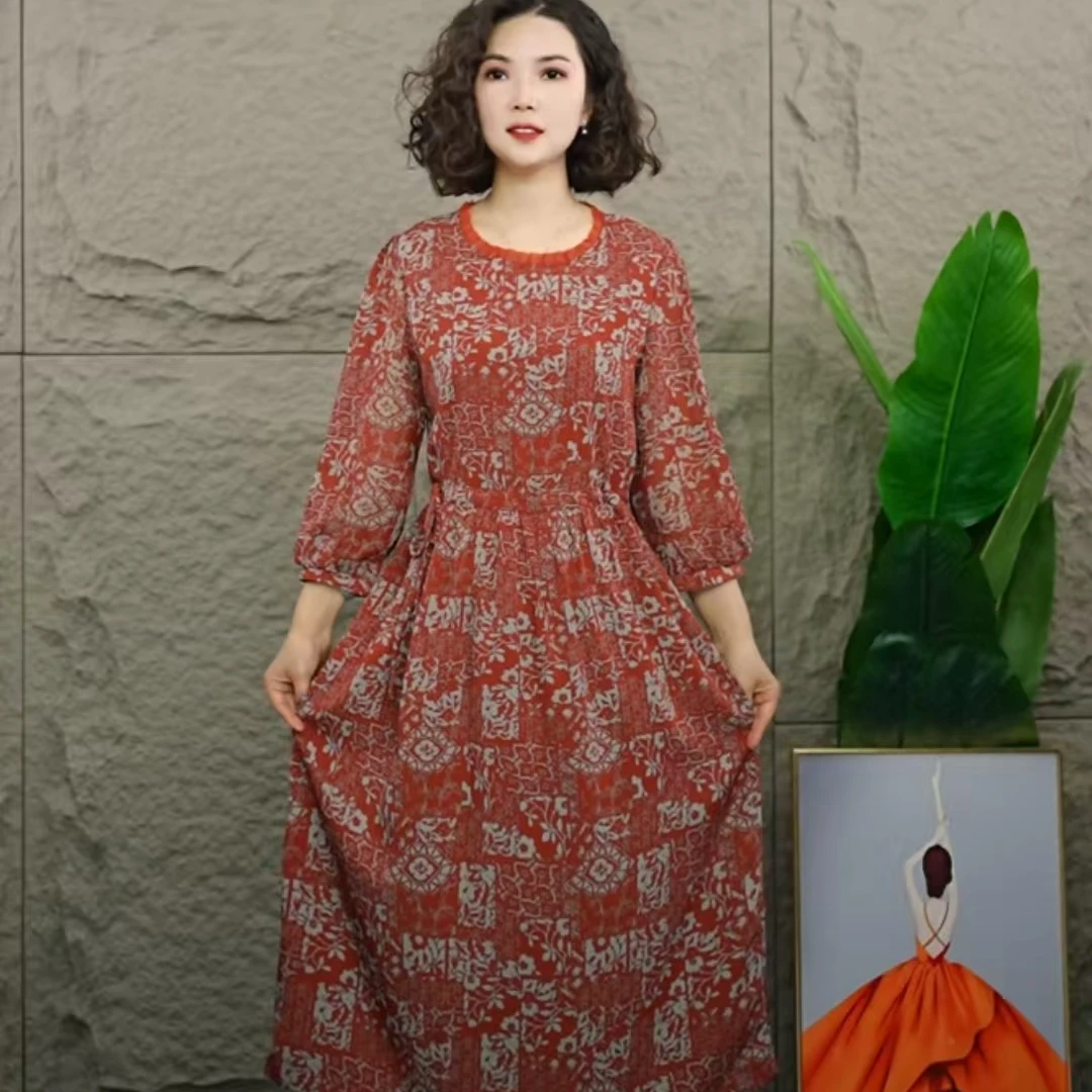 437春秋新款时尚气质显瘦宽松连衣裙过膝遮肚收腰长袖女装裙子