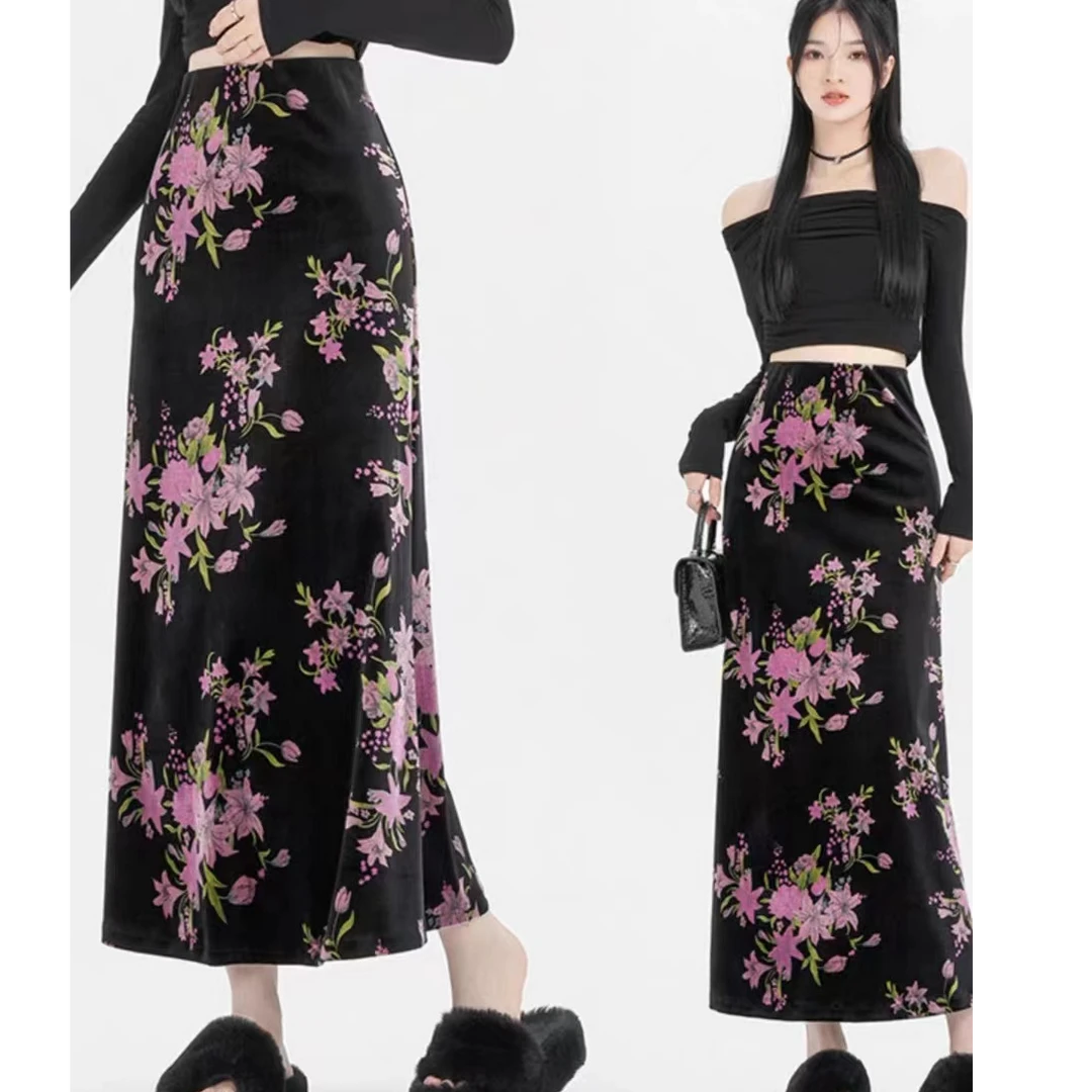 【冯七七】秋款设计感碎花金丝绒鱼尾半身裙