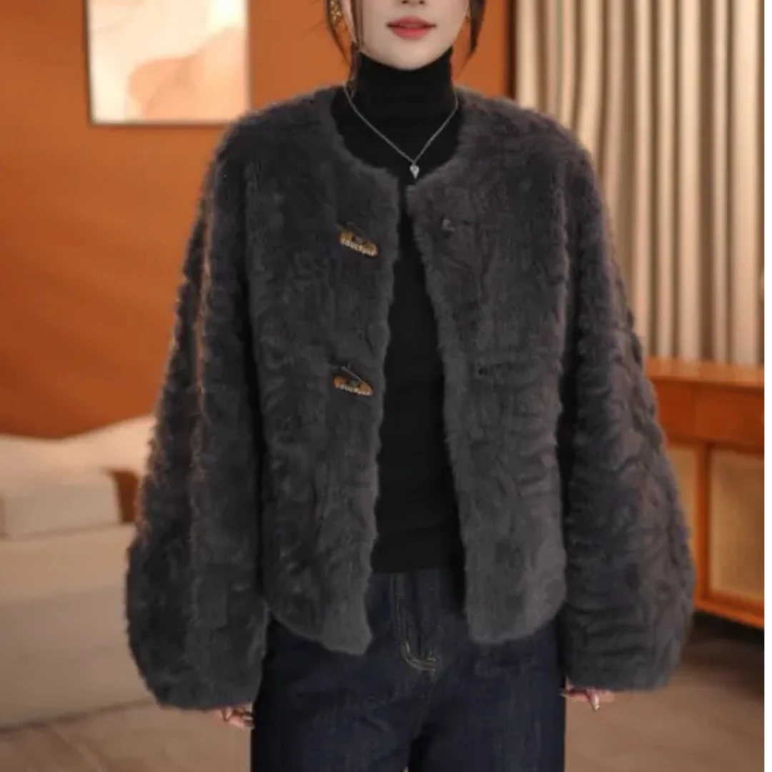 HH-506灰紫色女士短款毛毛外套设计师冬季气质精致