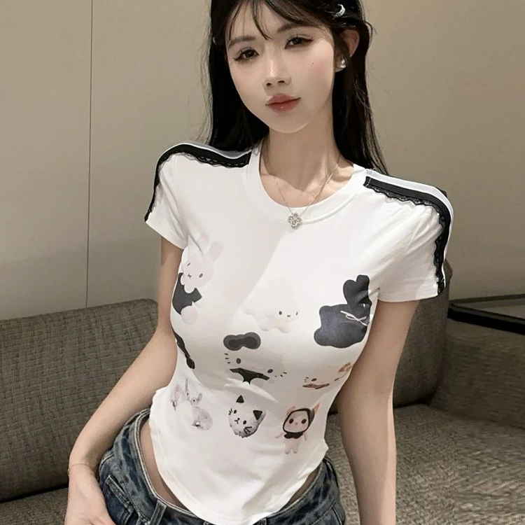 印花休闲风螺纹短袖T恤白色设计感韩版短款辣妹复古时尚百搭潮流