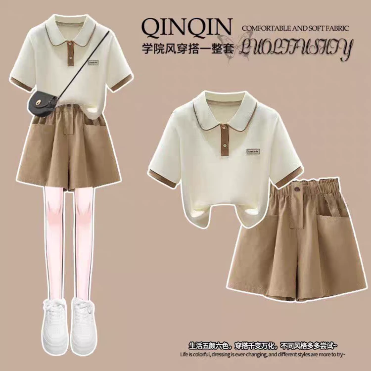 女童套装2025新款学院风POLO衫休闲中大童夏装两件套CSC2338