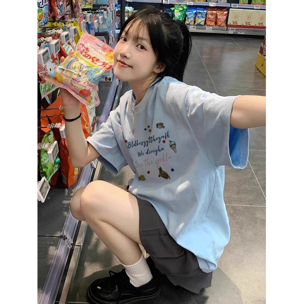 2025新款趣味卡通短袖T恤女春夏重磅慵懒感半袖宽松百搭显白上衣