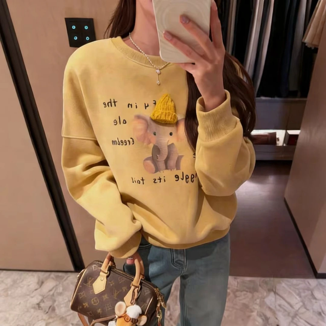 .小象卫衣加绒加厚圆领套头上衣圆领长袖加绒卫衣女6013