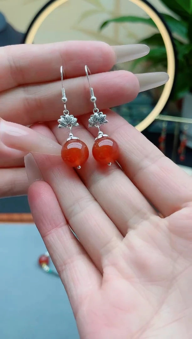 南红玛瑙银S925镶嵌耳饰302