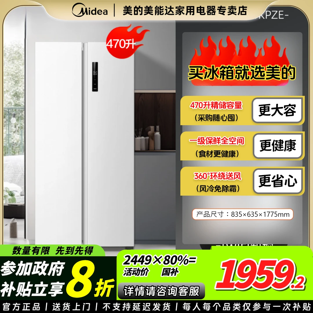 变一美的Midea对开一级能效家用大容量电冰箱MR-490WKPZE极地白