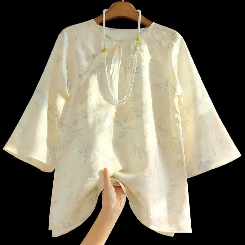 新中式设计感花萝提花2025新款小众休闲复古圆领斜襟盘扣衬衫上衣