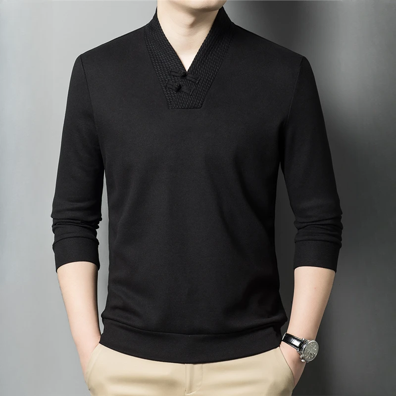 Louis Fordea/路易弗狄时尚V领长袖T恤男士中国风休闲上衣打底衫
