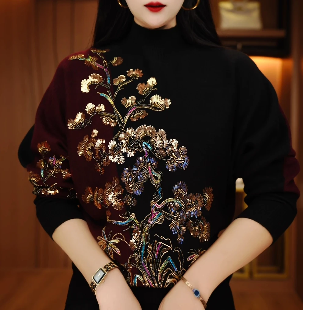 秋冬新款百搭显瘦减龄舒适透气女针织提花圆领衫上衣-W260065