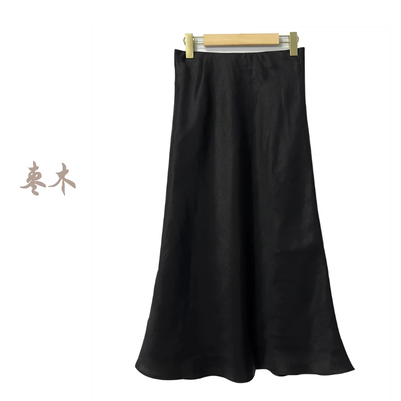 枣木国风100%桑蚕丝香云纱斜裁素绉缎鱼尾裙半身裙