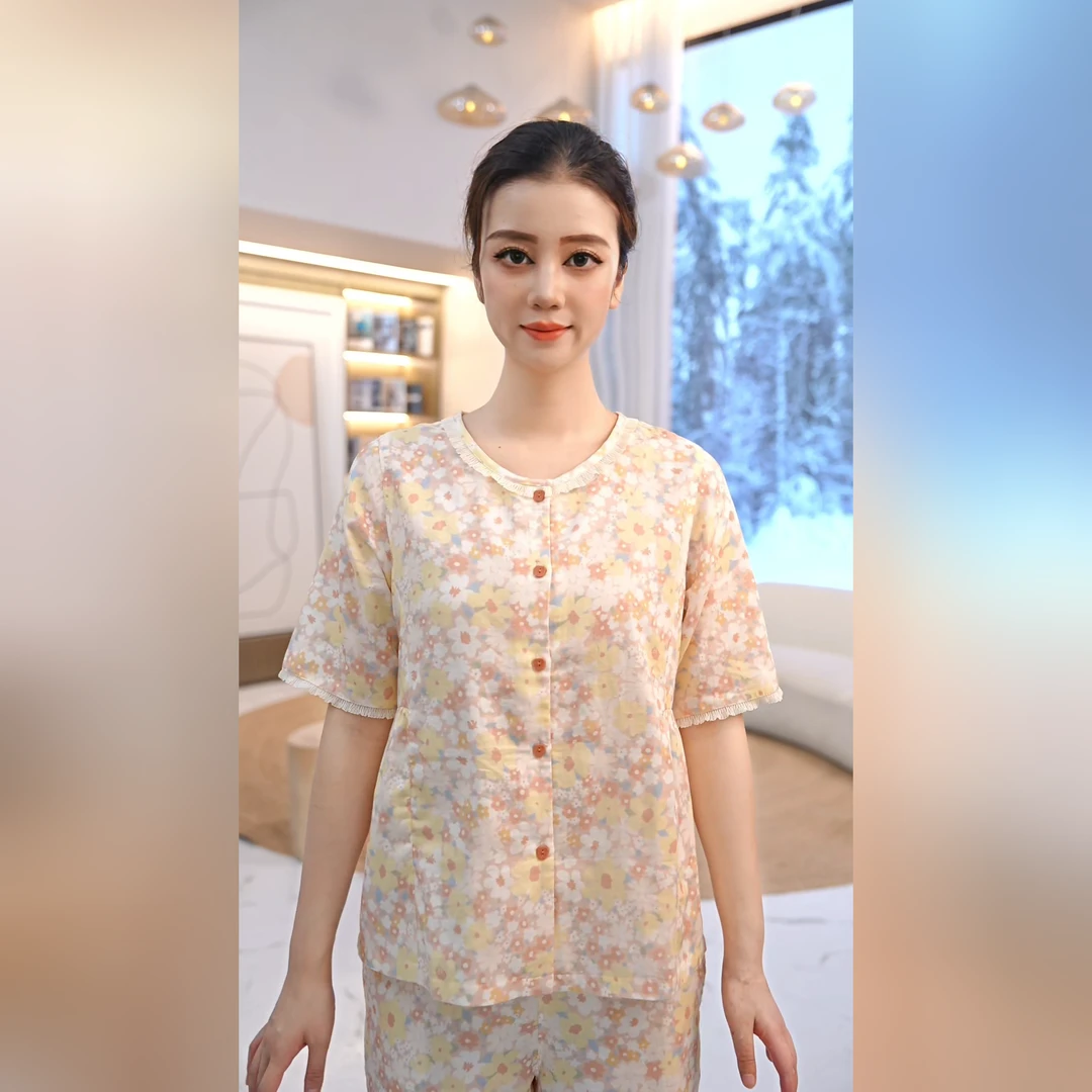 秋鹿【田园风】花间絮语温柔印花圆领女睡衣夏季家居服2025新款