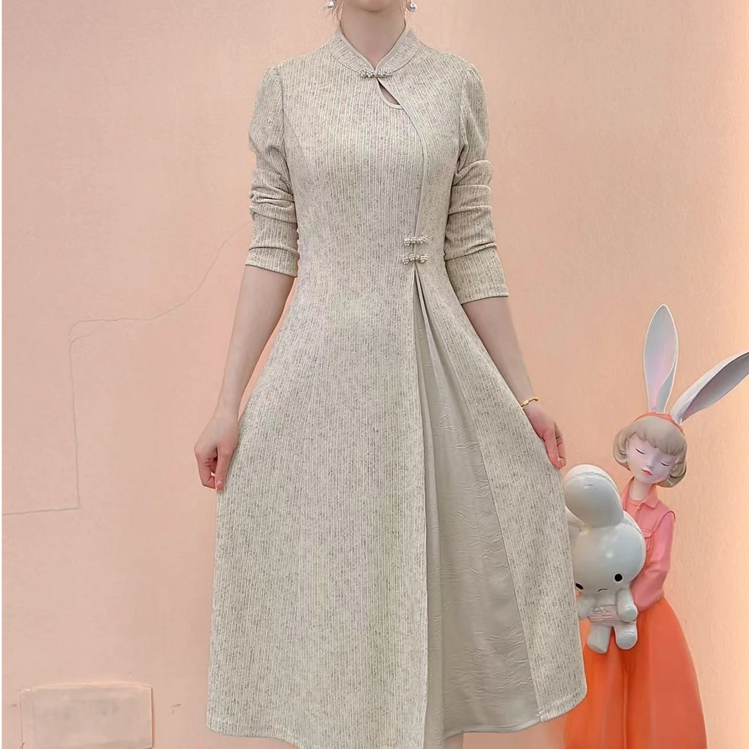 【典雅定制】早点季新款加厚时尚洋气气质显瘦减龄立领连衣裙